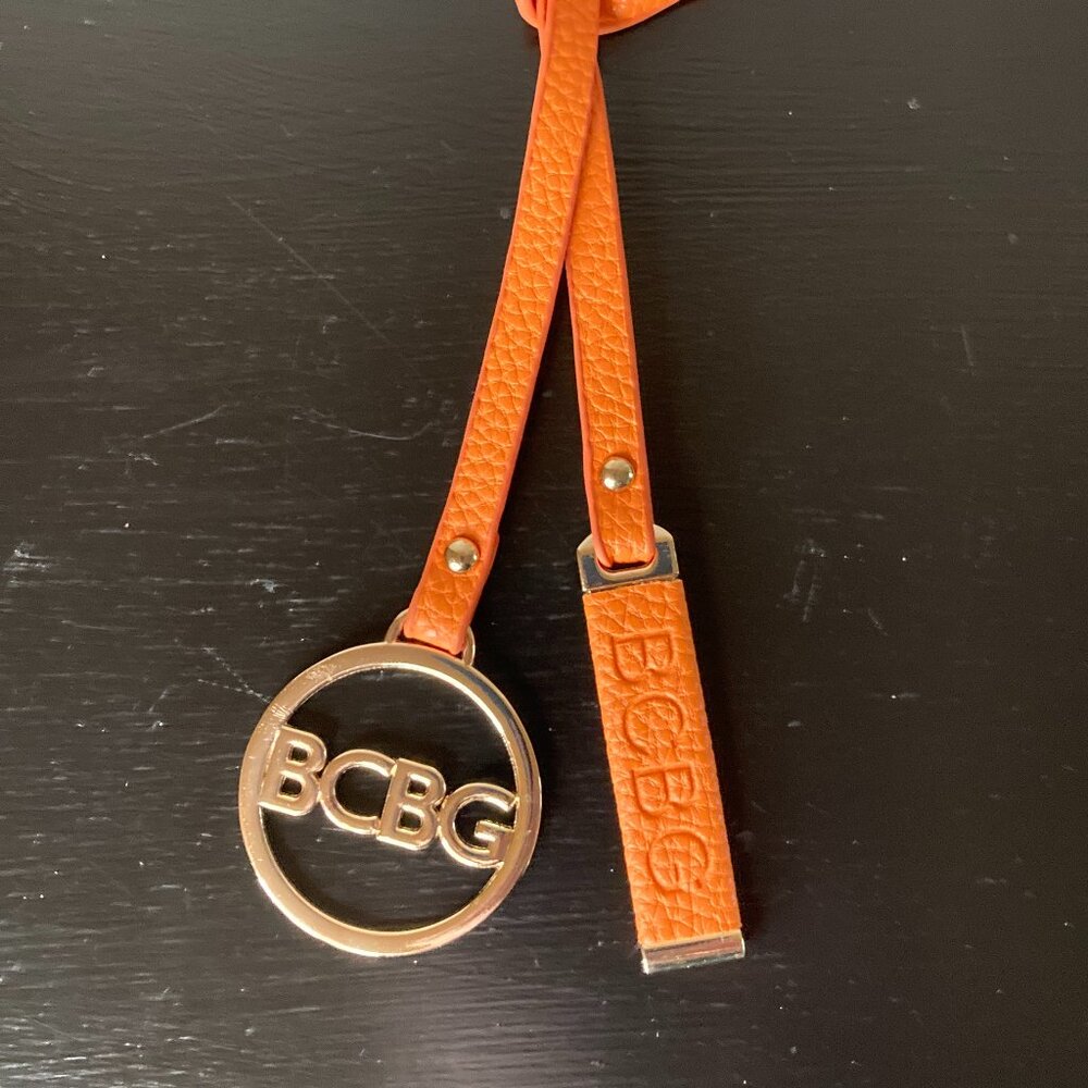 BCBG Gold Circle Logo Charm Orange Leather Keychain/Purse Charm - Collectable